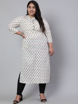 Jaipur Kurti - White & Peach Plus Size Straight Fit Cotton Embroidered Kurta