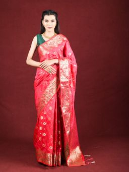 EXCLUSIVA - Pink Banarasi Blended Silk Woven Saree Zari Work with Unstitched Blouse