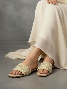 Inc.5 - Womens Gold Casual Embellished Open Toe Flats
