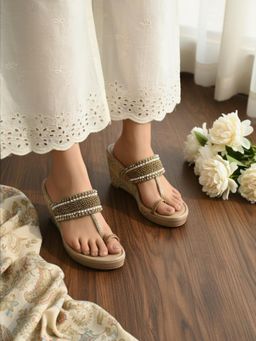 Inc.5 - Womens Golden Ethnic Embellished Wedges Heels