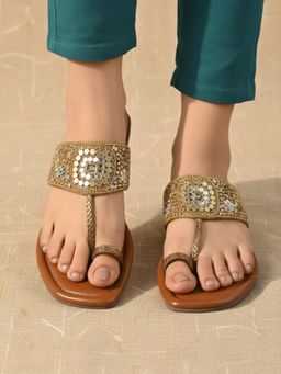 Inc.5 - Womens Golden Embellished Ethnic One Toe Flats