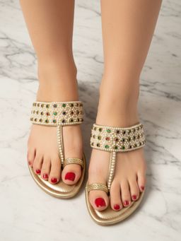 Inc.5 - Womens Golden Ethnic Embellished One Toe Flats