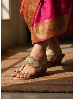 Inc.5 - Womens Golden Ethnic Embellished Round Toe Shape Wedges Heels