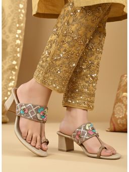 Inc.5 - Womens Beige Embellished Ethnic Shape Block heels