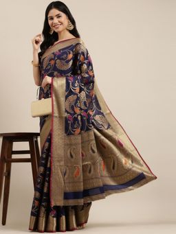 Sangam Prints - Navy Blue Pure Silk Zari Work Traditional Saree with Unstitched Blouse