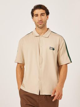 Styli - Men Cream Court Overshirt with Tape Detail & Embroidery