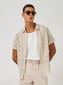 Styli - Men Crochet Regular Fit Collar Cream Shirt