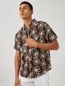 Styli - Men Embroidered Regular Fit Collar Brown Shirt