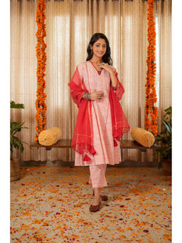 Akiso - Blossom Pink Block Anarkali Printed Kurta with Pant with Dupatta (Set of 3)