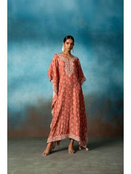 Karaj Jaipur - Brick Coral Printed Long Kaftan Dress
