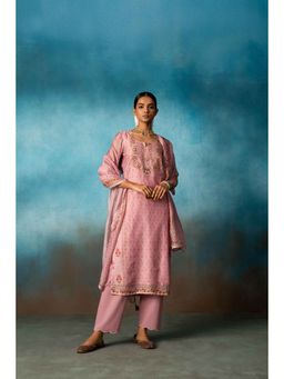 Karaj Jaipur - Pink Linen Kurta with Pant and Dupatta (Set of 3)