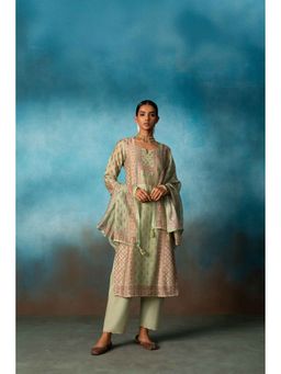 Karaj Jaipur - Pista Green Embroidered Linen Kurta with Pant and Dupatta (Set of 3)