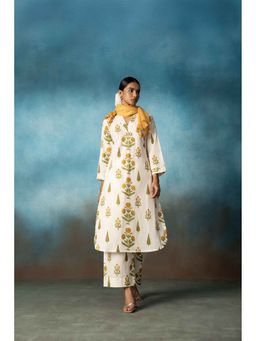 Karaj Jaipur - Yellow Block Print Kurta with Palazzo and Dupatta (Set of 3)