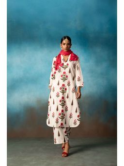 Karaj Jaipur - Red Block Print Kurta with Palazzo and Dupatta (Set of 3)