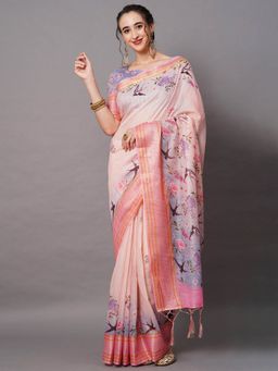 Odette - Peach Festive Linen Blend Printed Saree with Unstitched Blouse