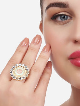 Zaveri Pearls - Green & Peach Meenakari Flower Shape Kundan Ethnic Ring-ZPFK13150