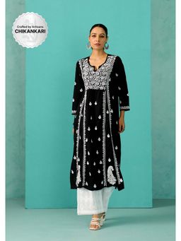House of Chikankari - Chandni Chikankari Cotton A-Line Black Kurta