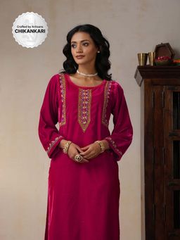 House of Chikankari - Pink Velvet Chikankari Embroidered Kurta with Pant (Set of 2)