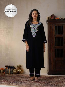 House of Chikankari - Black Velvet Chikankari Embroidered Kurta with Pant (Set of 2)