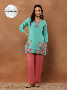 House of Chikankari - Aari Woollen Tunic - Turquoise Blue