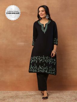 House of Chikankari - Threadwork Embroidered Woollen Solid Long Kurta Black