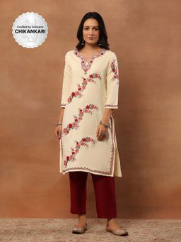 House of Chikankari - Threadwork Embroidered Woollen Solid Long Kurta Beige