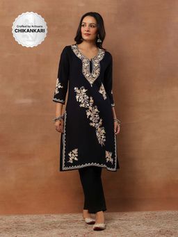House of Chikankari - Threadwork Embroidered Woollen Solid Long Kurta Black