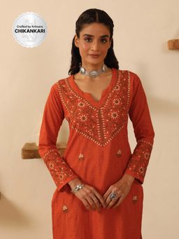 House of Chikankari - Chikankari Womens Cotton Long Kurta - Orange