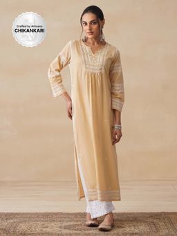 House of Chikankari - Womens Woven Pure Cotton Chikankari Kurta-Beige