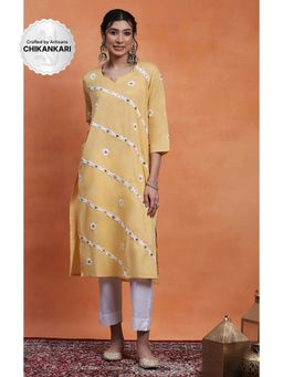 House of Chikankari - Yellow Cotton Chikankari Women's Long Kurta