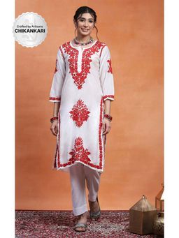 House of Chikankari - White Chanderi Chikankari Women's Long Kurta