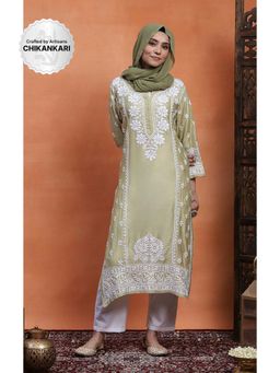 House of Chikankari - Green Rayon Chikankari Women's Long Kurta