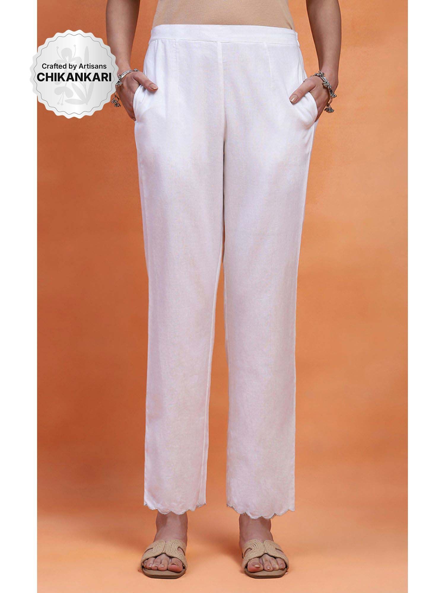 White Cotton Scalloped Solid Women's Pant-picture-20