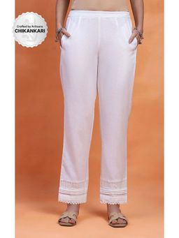 House of Chikankari - White Cotton Solid Women's Pintuck Pant with Lace