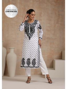 House of Chikankari - Chikankari Mulmul Straight Kurta -White