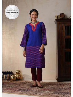 House of Chikankari - Crafts Aari Embroidered Woollen Womens Long Kurta - Royal Blue