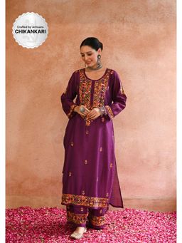 House of Chikankari - Chikankari Chanderi Straight Kurta with Inner and Palazzo (Set of 3)