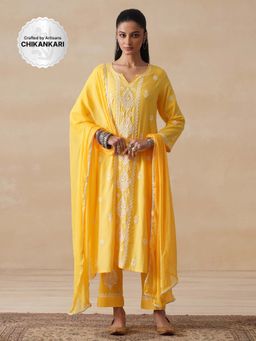 House of Chikankari - Women Rayon Chikankari Kurta with Pant and Dupatta (Set of 3) - Yellow