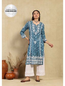 House of Chikankari - Ambar Chikankari Mulmul Straight Kurta -Dark Blue