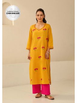 House of Chikankari - Cotton Chikankari Womens Long Kurta - Mustard