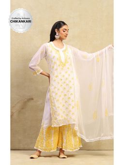 House of Chikankari - Yellow Kurta with Inner, Palazzo and Dupatta (Set of 4)