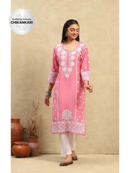 House of Chikankari - Pink Chanderi Chikankari Women Long Kurta