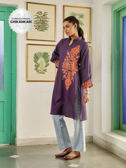 House of Chikankari - Womens Embroidered Cotton Long Kurta Purple