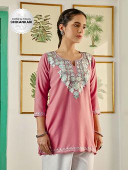 House of Chikankari - Womens Embroidered Cotton Tunic Dust Pink
