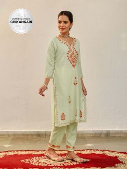 House of Chikankari - Crafts Women Yellow Aari Embroidered Cotton Kurta with Pant (Set of 2)