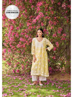 House of Chikankari - Yellow Nazakat Kota Chikankari Solid Angarkha Kurta with Inner (Set of 2)