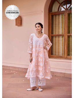 House of Chikankari - Peach Nazakat Kota Chikankari Solid Angarkha Kurta with Inner (Set of 2)