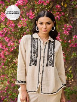 House of Chikankari - Off White Cotton Linen Blend Chikankari Solid Women's Shirt