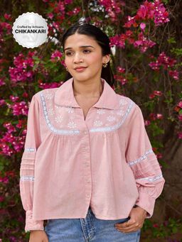 House of Chikankari - Pink Cotton Linen Blend Chikankari Solid Women's Shirt