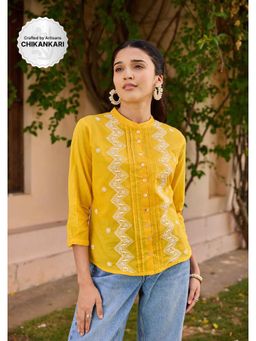 House of Chikankari - Yellow Cotton Chikankari Solid Women's Top